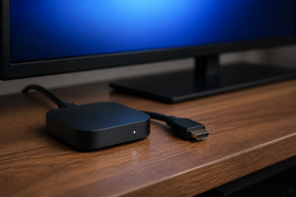Svart mediabox och HDMI-kabel, hårdvara till en iptv box