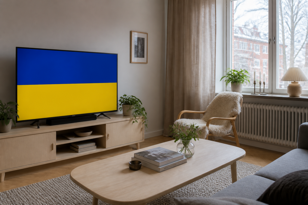 Vardagsrum med björkmöbler och TV, svensk iptv i hemmet