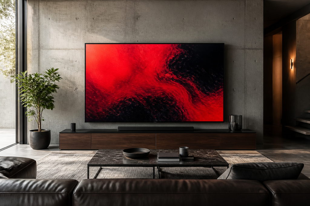 Vardagsrum med lädersoffa och stark TV-färg, miljö för iptv extreme