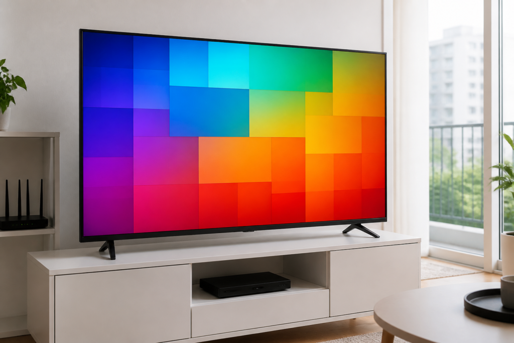 Smart-TV på vit piedestal, typisk skärm för net iptv