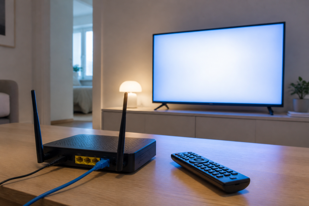 Router, fjärrkontroll och TV-glöd, konkret bild av vad är iptv