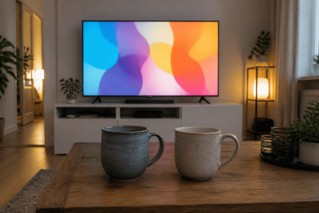Två muggar framför tänd TV, samtal om ip tv vad är det