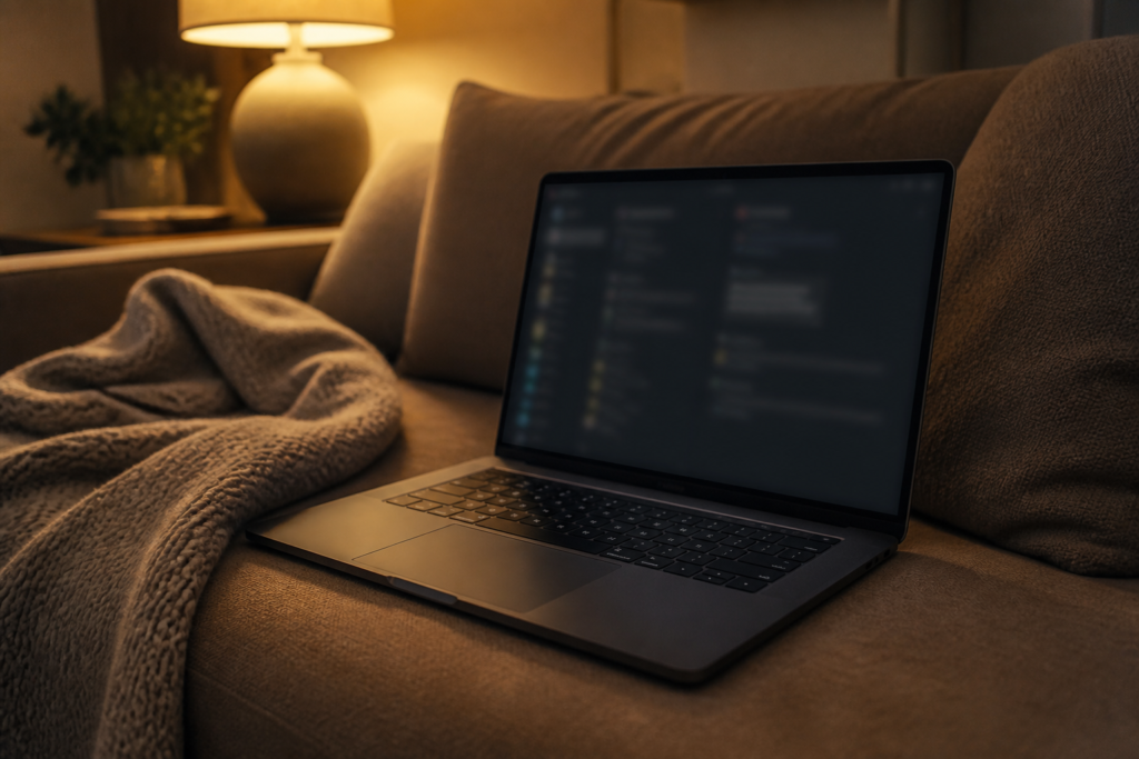 Laptop på soffa med mörk skärm, läsning av iptv reddit