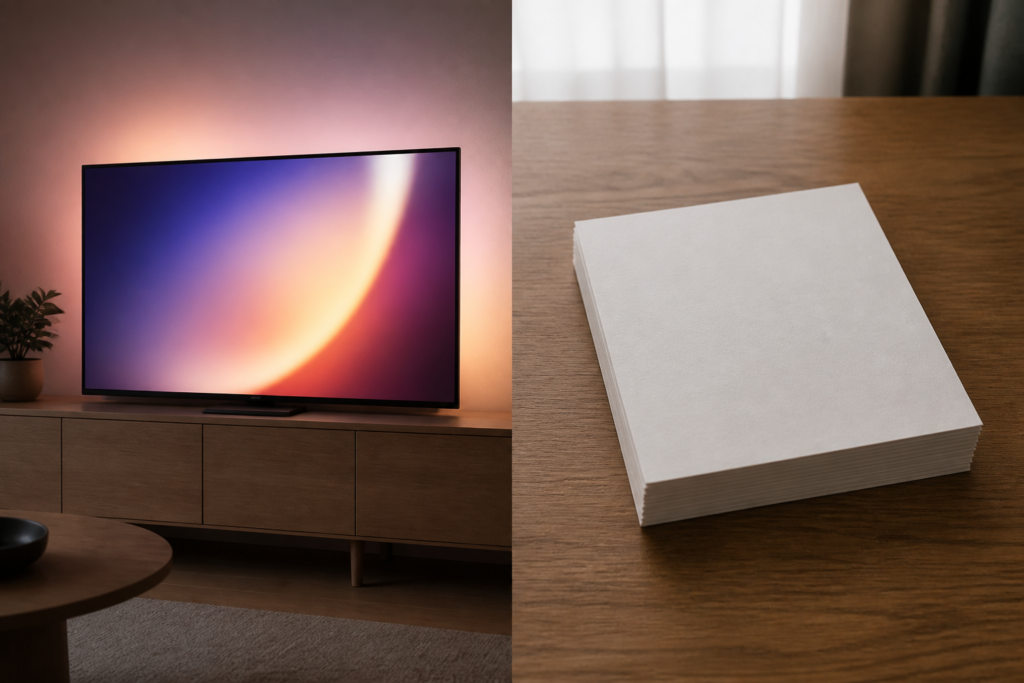 Vardagsrum med TV-glöd och blankt papper, skillnad mellan pirat tv och teknik